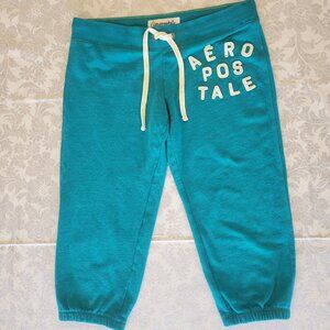 Vintage Aeropostale spelled out logo capri work out sweat short pants Large Blue